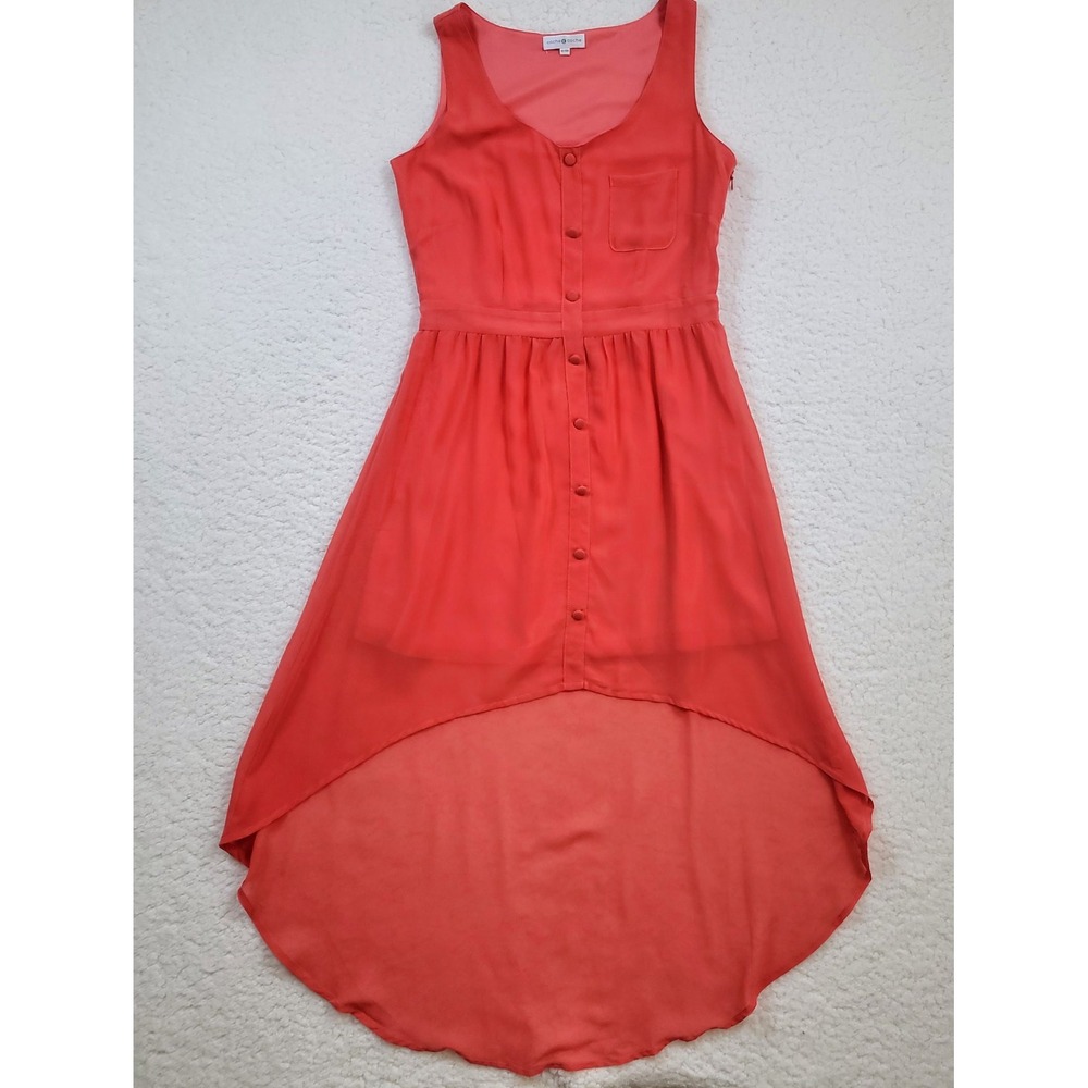 Cache Cache High Low Dress Womens Coral Chiffon Button Front Sleeveless Sheer